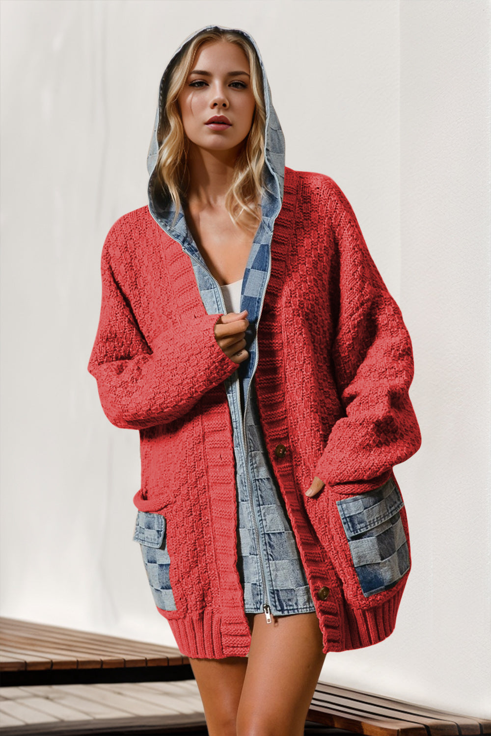 Denim Spliced Sweater Cardigan