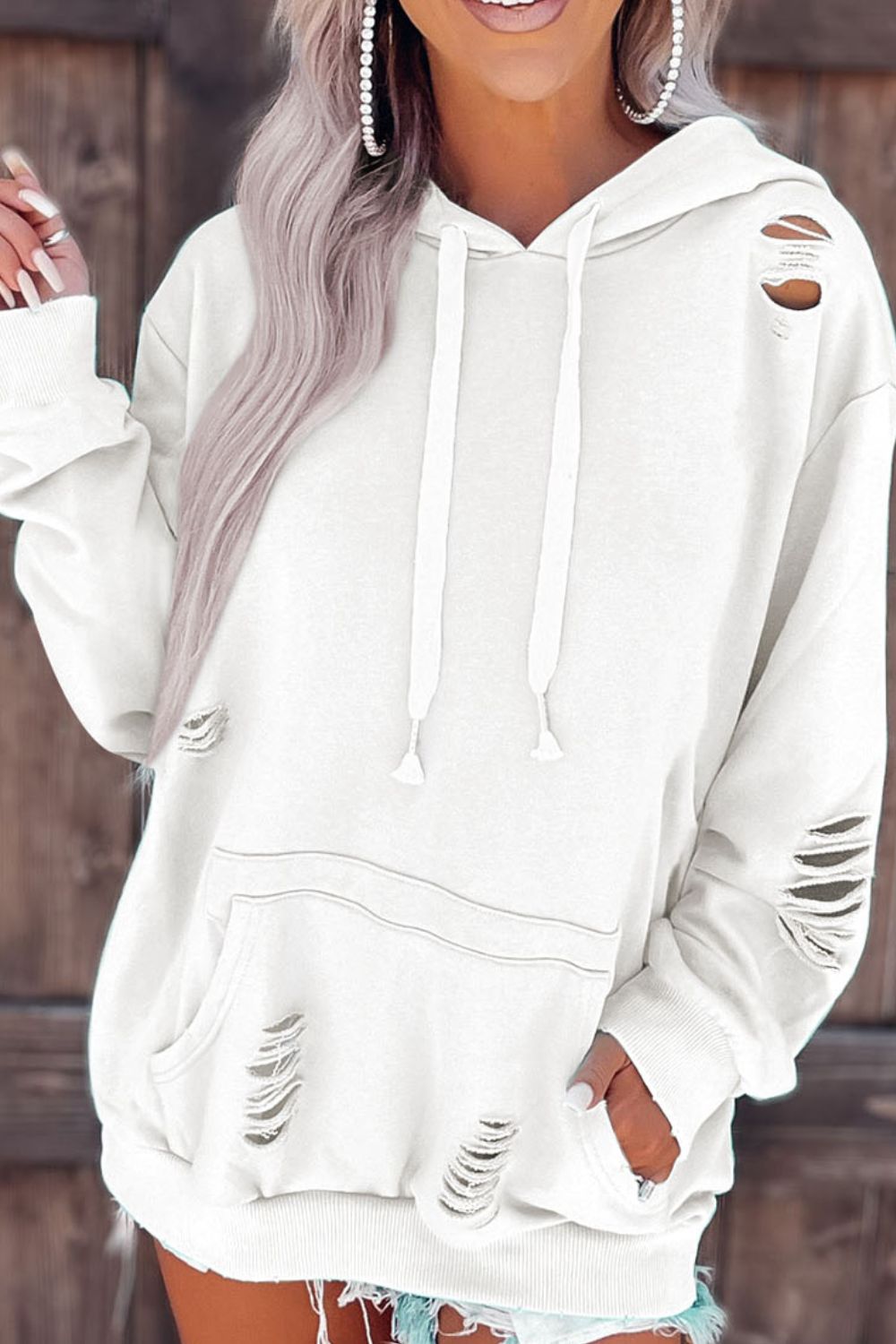 Distressed Drawstring  Hoodie