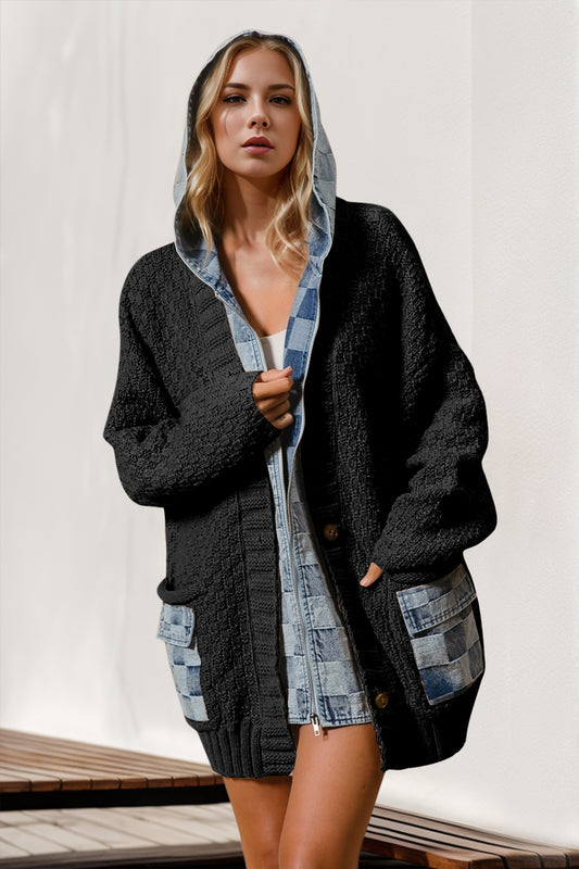 Denim Spliced Sweater Cardigan