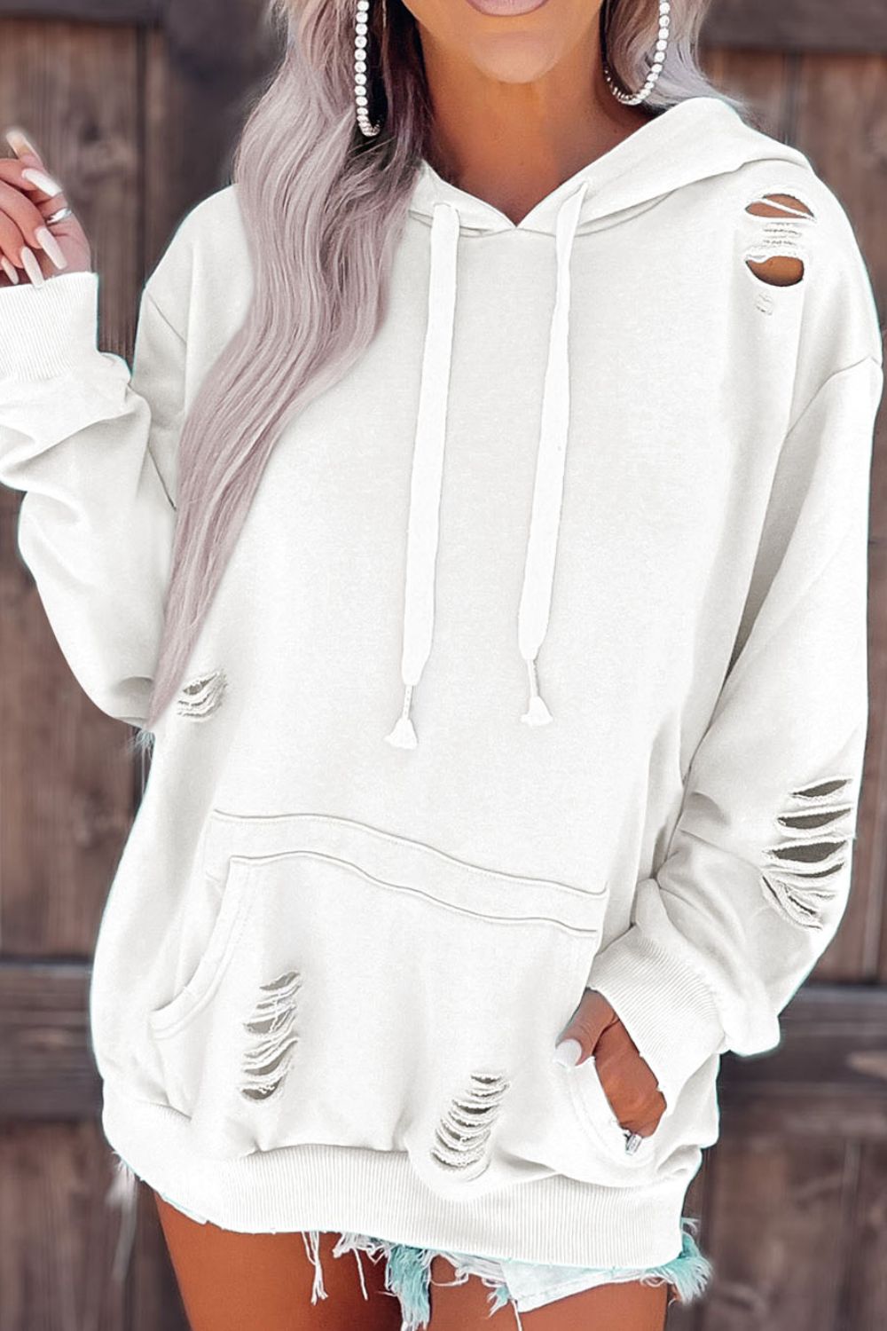 Distressed Drawstring  Hoodie