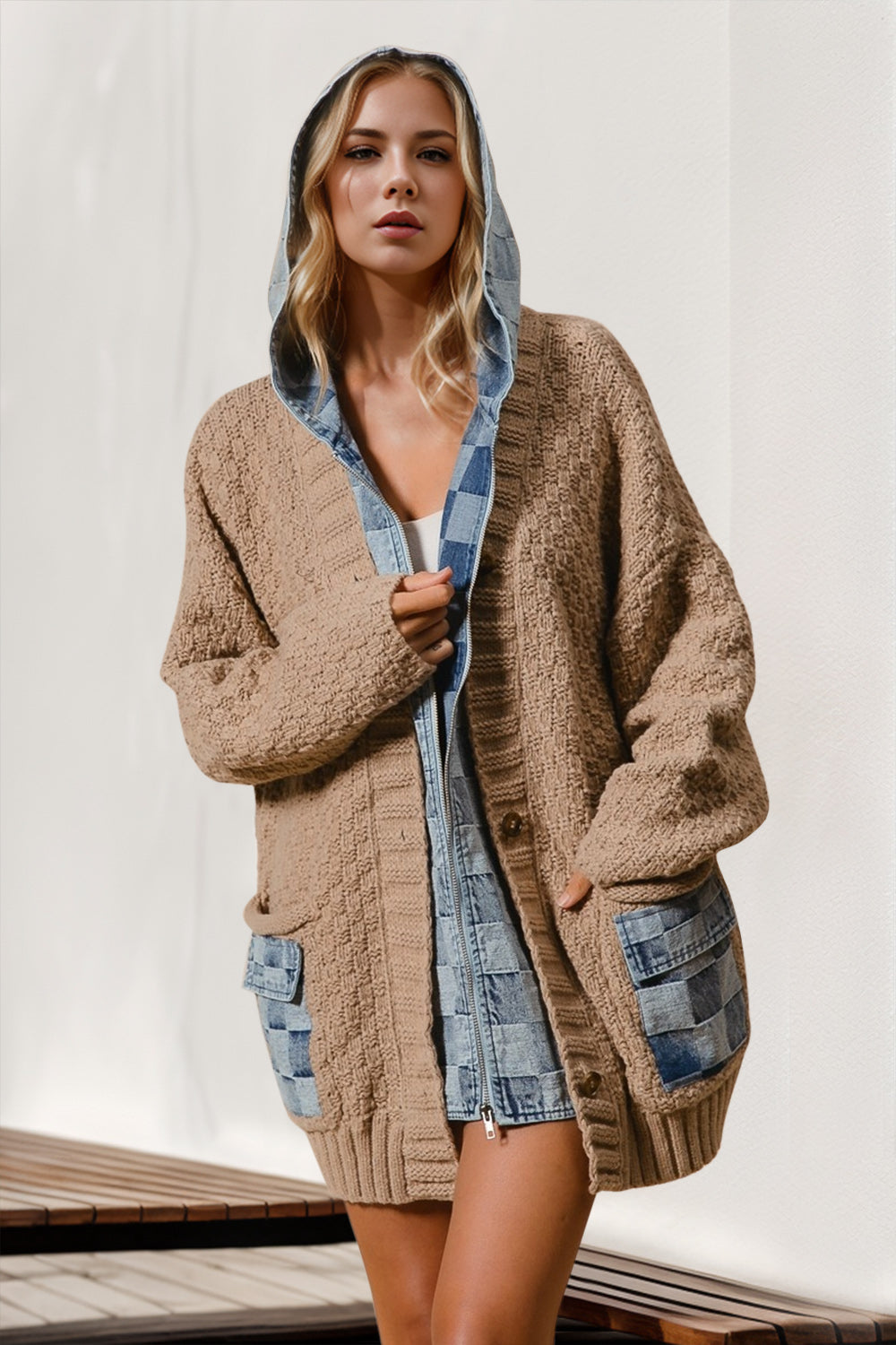 Denim Spliced Sweater Cardigan