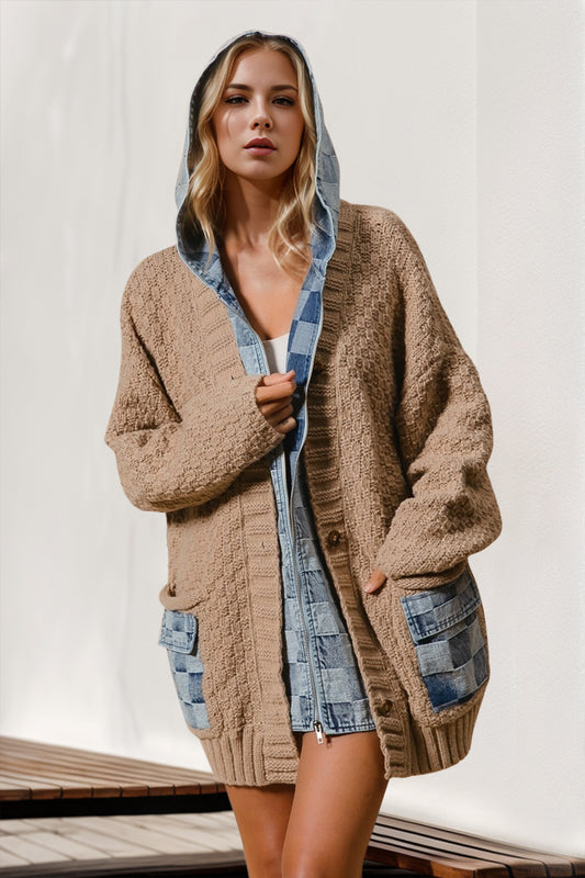 Denim Spliced Sweater Cardigan